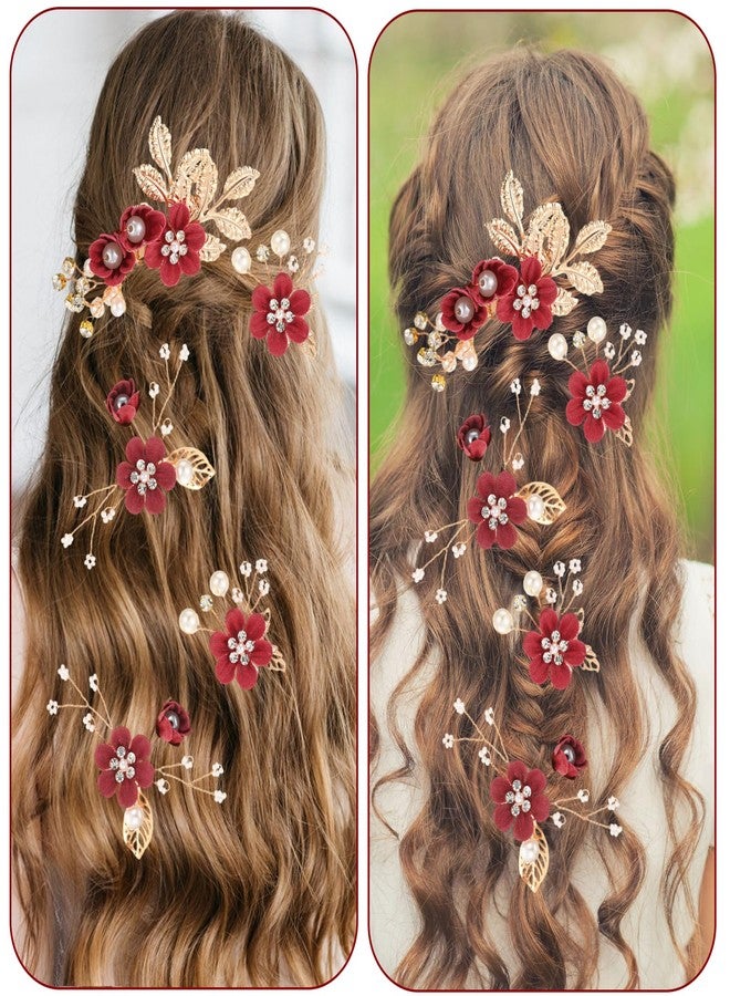 Josojoou 5 Pcs Bridal Flower Wedding Hair Pins Crystal Pearl Rhinestone Burgundy Flower Hair Clips Headpiece Wedding Hair Accessories Jewelry for Brides Bridesmaids Women Girls - Image 5